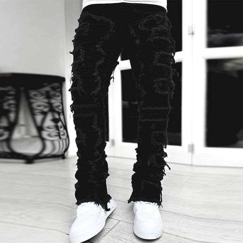 【Rvesoi】Stacked Jeans Men Skinny Ripped Jeans Slim Fit Patchwork Denim Pants Y2K Goth Harajuku Emo Hip Hop Jeans Trouser