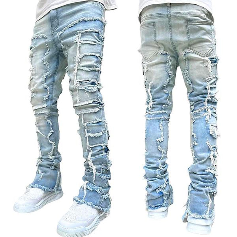 【Rvesoi】Stacked Jeans Men Skinny Ripped Jeans Slim Fit Patchwork Denim Pants Y2K Goth Harajuku Emo Hip Hop Jeans Trouser