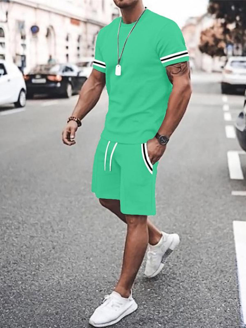 Two-Piece Set Men'S Contrast Binding Tee & Drawstring Waist Shorts Set, Quality and Comfort Casual Short Sleeve round Neck T-Shirt & Pocket Track Shorts, Summer Outfits Clothes Set for Men