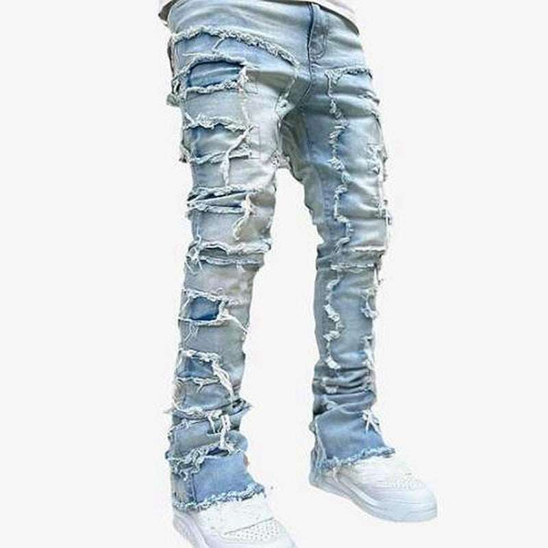 【Rvesoi】Stacked Jeans Men Skinny Ripped Jeans Slim Fit Patchwork Denim Pants Y2K Goth Harajuku Emo Hip Hop Jeans Trouser
