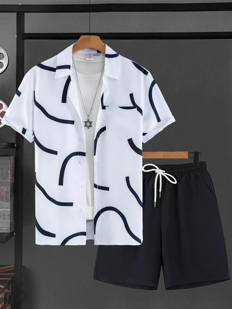 Men'S Geometric Print Shirt & Shorts Two-Piece Set, Regular Fit Shortsleeve Collared Top & Shorts, Men'S Summer Clothes for Beach Vacation, Clothes, Tropical Menswear, Summer Outfit Set, Summer Clothing Set, Casual Fashion Set, Casual Lounge Set