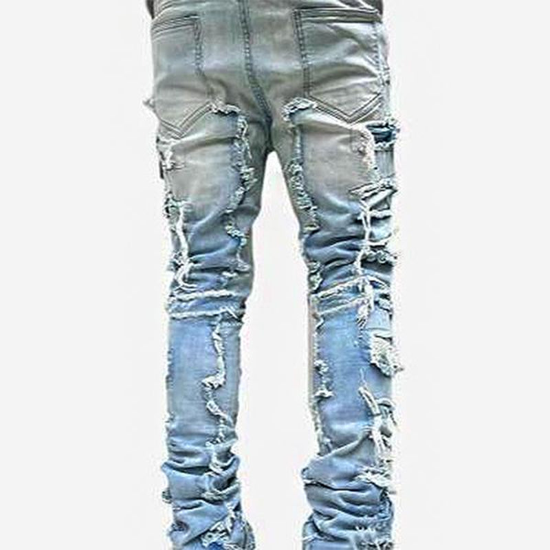 【Rvesoi】Stacked Jeans Men Skinny Ripped Jeans Slim Fit Patchwork Denim Pants Y2K Goth Harajuku Emo Hip Hop Jeans Trouser