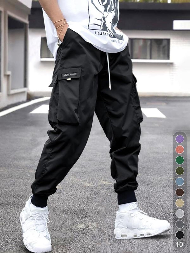 Unisex Patched Flap Pocket Drawstring Waist Cargo Pants, Street Fashion Plain Casual Regular Fit Jogger Trouser for Men Women, Pants for Men, Men Bottoms, Work Trousers, Menswear