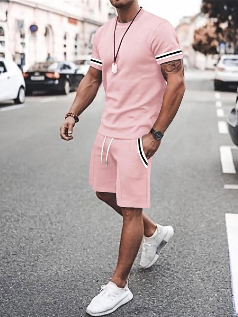 Two-Piece Set Men'S Contrast Binding Tee & Drawstring Waist Shorts Set, Quality and Comfort Casual Short Sleeve round Neck T-Shirt & Pocket Track Shorts, Summer Outfits Clothes Set for Men