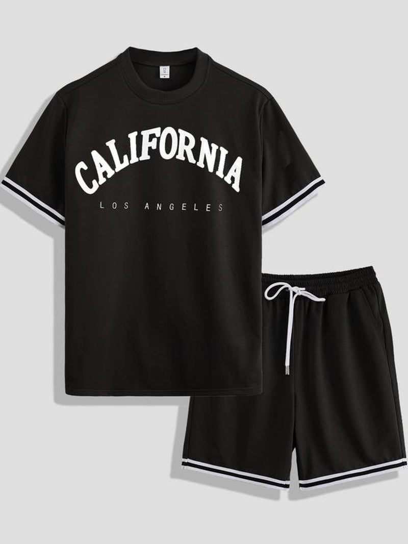 Two-Piece Set Men'S Contrast Binding Tee & Drawstring Waist Shorts Set, Quality and Comfort Casual Short Sleeve round Neck T-Shirt & Pocket Track Shorts, Summer Outfits Clothes Set for Men
