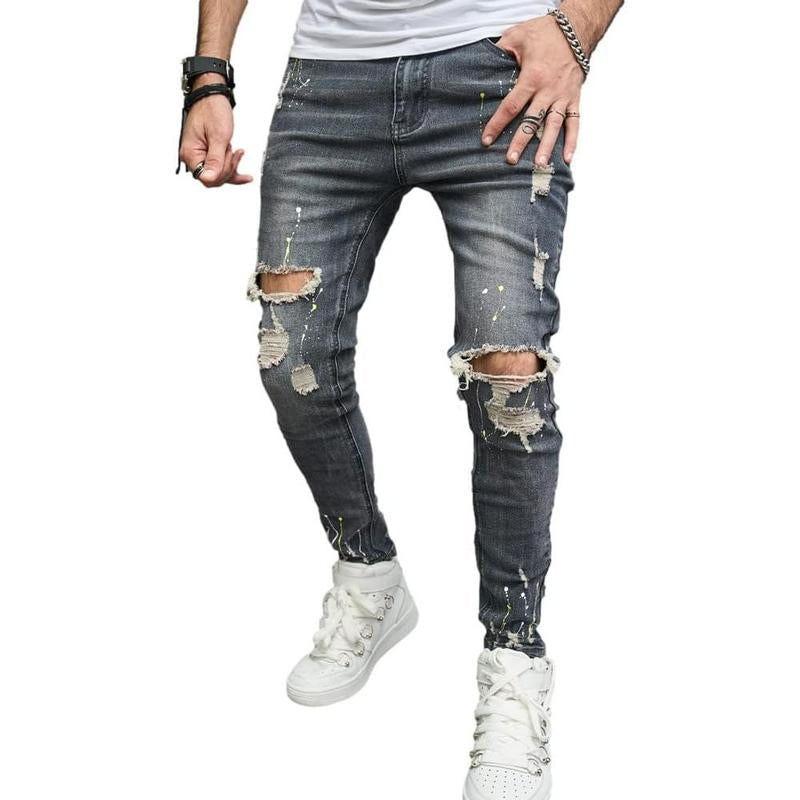 SRETOUU Men'S Slim Fit Stretch Jeans Ripped Skinny Jeans for Men, Distressed Straight Leg Streetwear Comfort Male Pants Menswear Underwear Trouser Human Denim Beige Pocket Plain Motocross