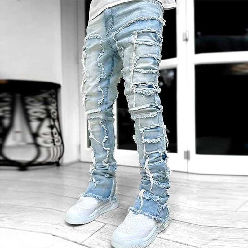 【Rvesoi】Stacked Jeans Men Skinny Ripped Jeans Slim Fit Patchwork Denim Pants Y2K Goth Harajuku Emo Hip Hop Jeans Trouser