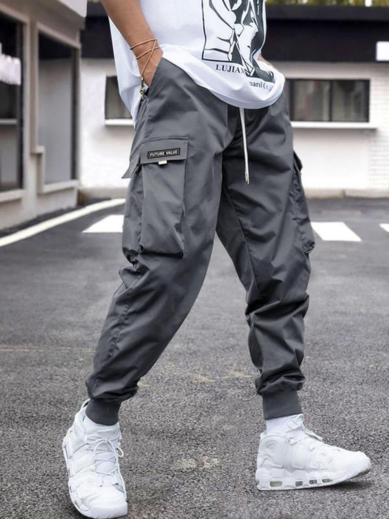 Unisex Patched Flap Pocket Drawstring Waist Cargo Pants, Street Fashion Plain Casual Regular Fit Jogger Trouser for Men Women, Pants for Men, Men Bottoms, Work Trousers, Menswear