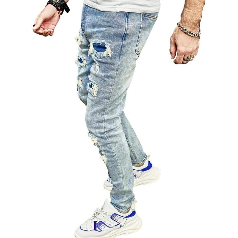SRETOUU Men'S Slim Fit Stretch Jeans Ripped Skinny Jeans for Men, Distressed Straight Leg Streetwear Comfort Male Pants Menswear Underwear Trouser Human Denim Beige Pocket Plain Motocross