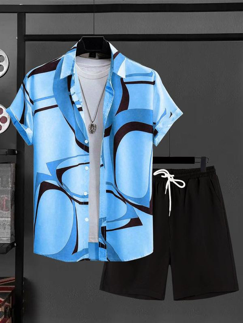 Men'S Geometric Print Shirt & Shorts Two-Piece Set, Regular Fit Shortsleeve Collared Top & Shorts, Men'S Summer Clothes for Beach Vacation, Clothes, Tropical Menswear, Summer Outfit Set, Summer Clothing Set, Casual Fashion Set, Casual Lounge Set