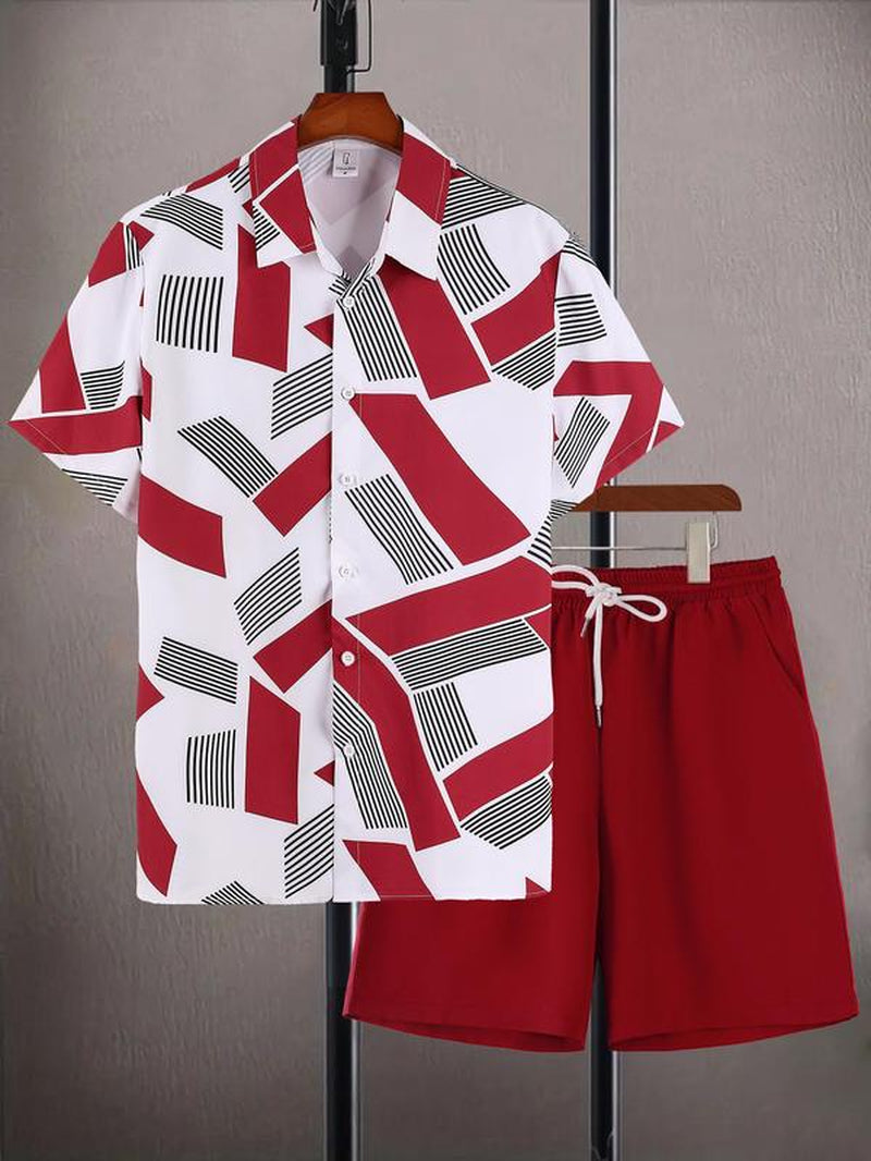 Men'S Geometric Print Shirt & Shorts Two-Piece Set, Regular Fit Shortsleeve Collared Top & Shorts, Men'S Summer Clothes for Beach Vacation, Clothes, Tropical Menswear, Summer Outfit Set, Summer Clothing Set, Casual Fashion Set, Casual Lounge Set