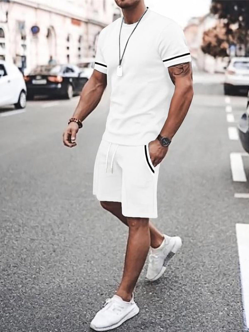 Two-Piece Set Men'S Contrast Binding Tee & Drawstring Waist Shorts Set, Quality and Comfort Casual Short Sleeve round Neck T-Shirt & Pocket Track Shorts, Summer Outfits Clothes Set for Men