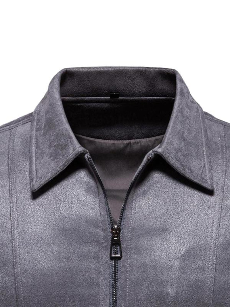 Men'S Solid Pocket Zipper Suede Jacket, Regular Fit Casual Long Sleeve Collared Outerwear for Fall & Winter, Coat, Men'S Clothes for Daily Wear Tops, Jackets for Men, Men'S Clothing