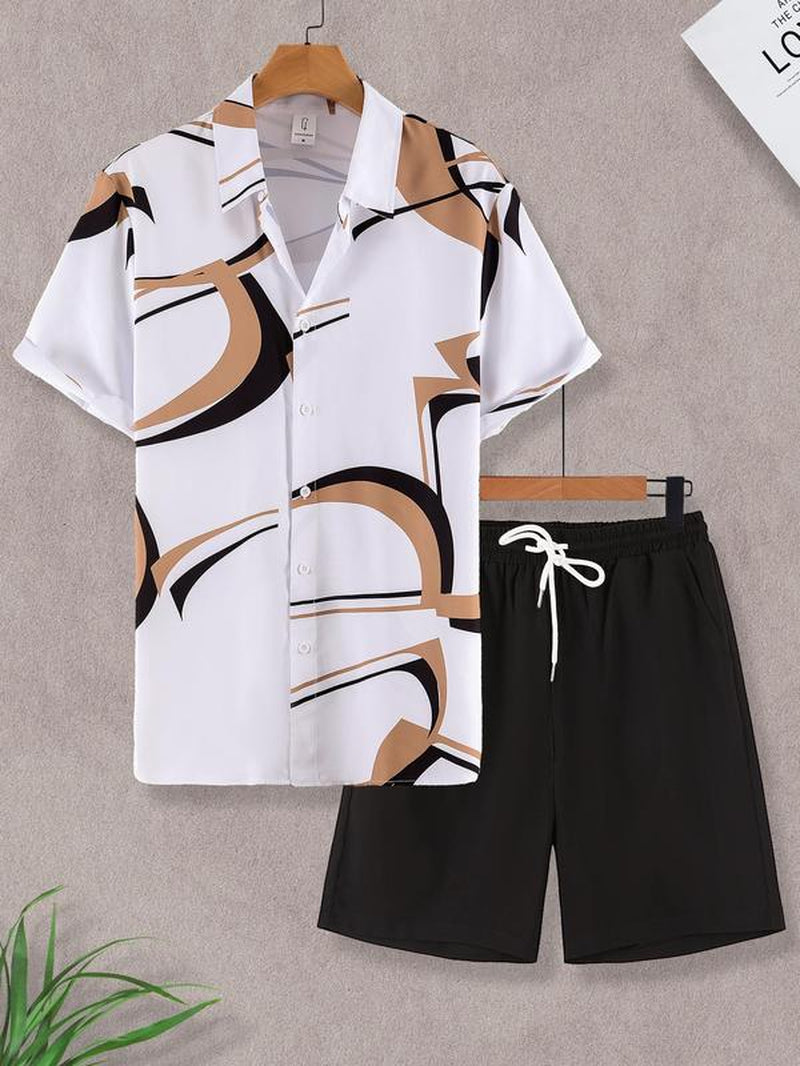 Men'S Geometric Print Shirt & Shorts Two-Piece Set, Regular Fit Shortsleeve Collared Top & Shorts, Men'S Summer Clothes for Beach Vacation, Clothes, Tropical Menswear, Summer Outfit Set, Summer Clothing Set, Casual Fashion Set, Casual Lounge Set