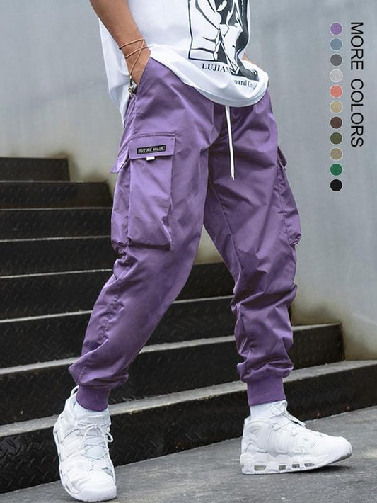Unisex Patched Flap Pocket Drawstring Waist Cargo Pants, Street Fashion Plain Casual Regular Fit Jogger Trouser for Men Women, Pants for Men, Men Bottoms, Work Trousers, Menswear