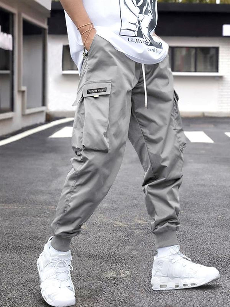 Unisex Patched Flap Pocket Drawstring Waist Cargo Pants, Street Fashion Plain Casual Regular Fit Jogger Trouser for Men Women, Pants for Men, Men Bottoms, Work Trousers, Menswear