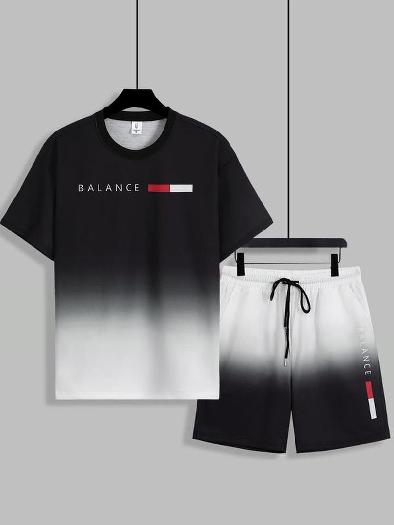 Men'S Ombre Print Short Sleeve Tee & Shorts Two-Piece Set, Regular Fit Casual round Neck T-Shirt & Track Shorts, Summer Outfits Clothes Set for Men, Sets for Men Clothing, Shortsleeve