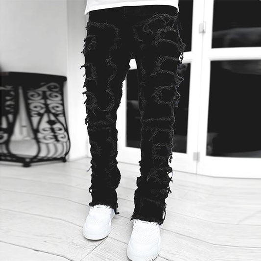 【Rvesoi】Stacked Jeans Men Skinny Ripped Jeans Slim Fit Patchwork Denim Pants Y2K Goth Harajuku Emo Hip Hop Jeans Trouser