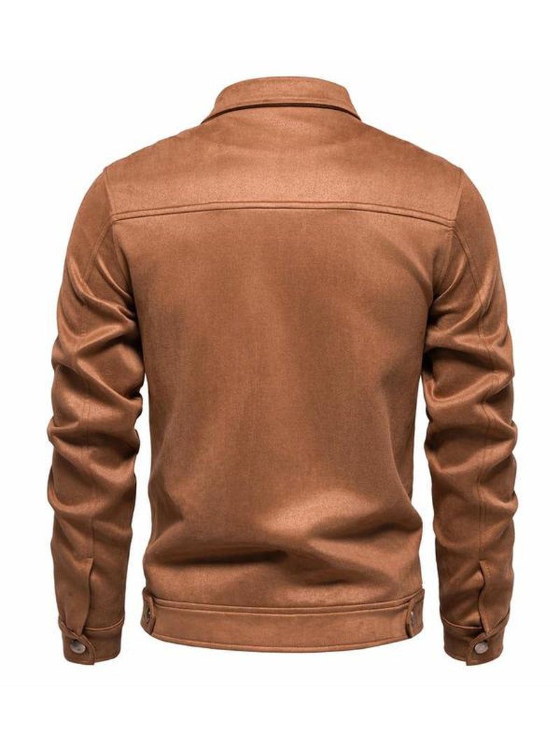 Men'S Solid Pocket Zipper Suede Jacket, Regular Fit Casual Long Sleeve Collared Outerwear for Fall & Winter, Coat, Men'S Clothes for Daily Wear Tops, Jackets for Men, Men'S Clothing