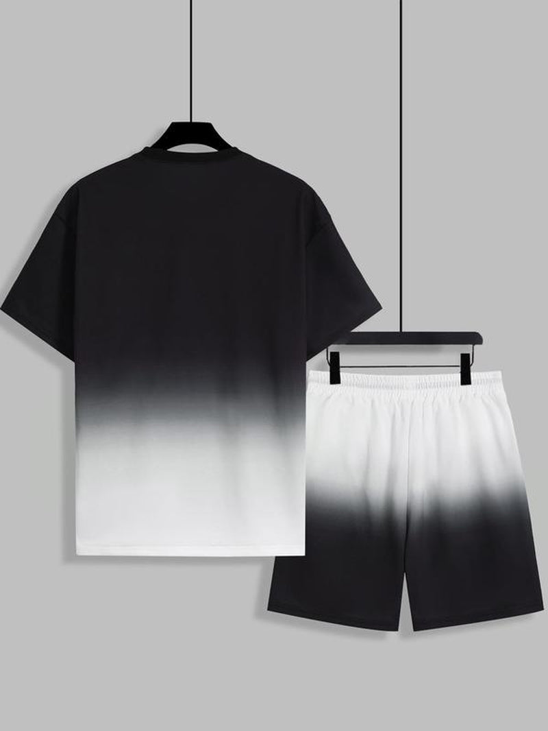 Men'S Ombre Print Short Sleeve Tee & Shorts Two-Piece Set, Regular Fit Casual round Neck T-Shirt & Track Shorts, Summer Outfits Clothes Set for Men, Sets for Men Clothing, Shortsleeve
