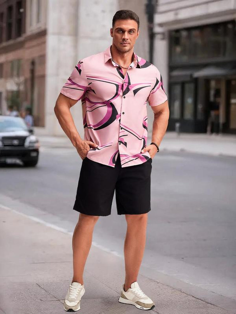 Men'S Geometric Print Shirt & Shorts Two-Piece Set, Regular Fit Shortsleeve Collared Top & Shorts, Men'S Summer Clothes for Beach Vacation, Clothes, Tropical Menswear, Summer Outfit Set, Summer Clothing Set, Casual Fashion Set, Casual Lounge Set
