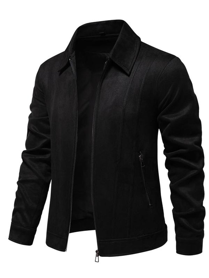 Men'S Solid Pocket Zipper Suede Jacket, Regular Fit Casual Long Sleeve Collared Outerwear for Fall & Winter, Coat, Men'S Clothes for Daily Wear Tops, Jackets for Men, Men'S Clothing