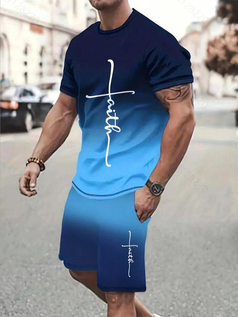Men'S Ombre Print Short Sleeve Tee & Shorts Two-Piece Set, Regular Fit Casual round Neck T-Shirt & Track Shorts, Summer Outfits Clothes Set for Men, Sets for Men Clothing, Shortsleeve