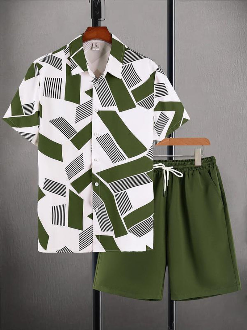 Men'S Geometric Print Shirt & Shorts Two-Piece Set, Regular Fit Shortsleeve Collared Top & Shorts, Men'S Summer Clothes for Beach Vacation, Clothes, Tropical Menswear, Summer Outfit Set, Summer Clothing Set, Casual Fashion Set, Casual Lounge Set