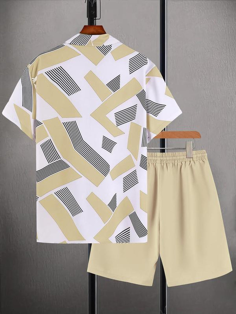 Men'S Geometric Print Shirt & Shorts Two-Piece Set, Regular Fit Shortsleeve Collared Top & Shorts, Men'S Summer Clothes for Beach Vacation, Clothes, Tropical Menswear, Summer Outfit Set, Summer Clothing Set, Casual Fashion Set, Casual Lounge Set