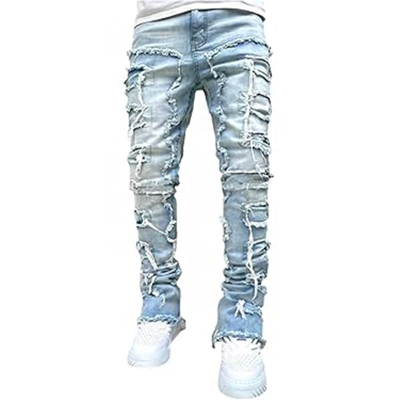 【Rvesoi】Stacked Jeans Men Skinny Ripped Jeans Slim Fit Patchwork Denim Pants Y2K Goth Harajuku Emo Hip Hop Jeans Trouser