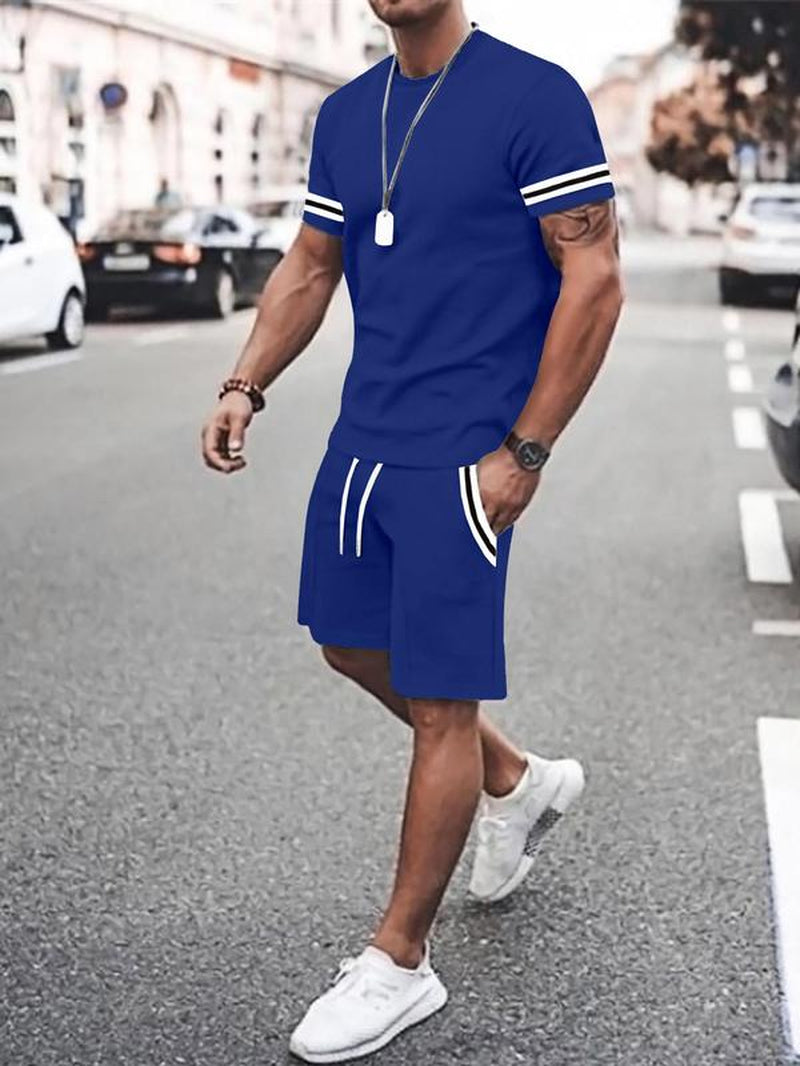 Two-Piece Set Men'S Contrast Binding Tee & Drawstring Waist Shorts Set, Quality and Comfort Casual Short Sleeve round Neck T-Shirt & Pocket Track Shorts, Summer Outfits Clothes Set for Men