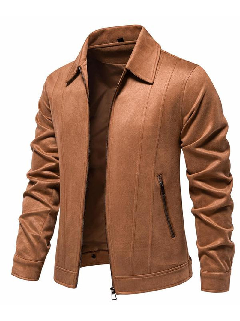 Men'S Solid Pocket Zipper Suede Jacket, Regular Fit Casual Long Sleeve Collared Outerwear for Fall & Winter, Coat, Men'S Clothes for Daily Wear Tops, Jackets for Men, Men'S Clothing