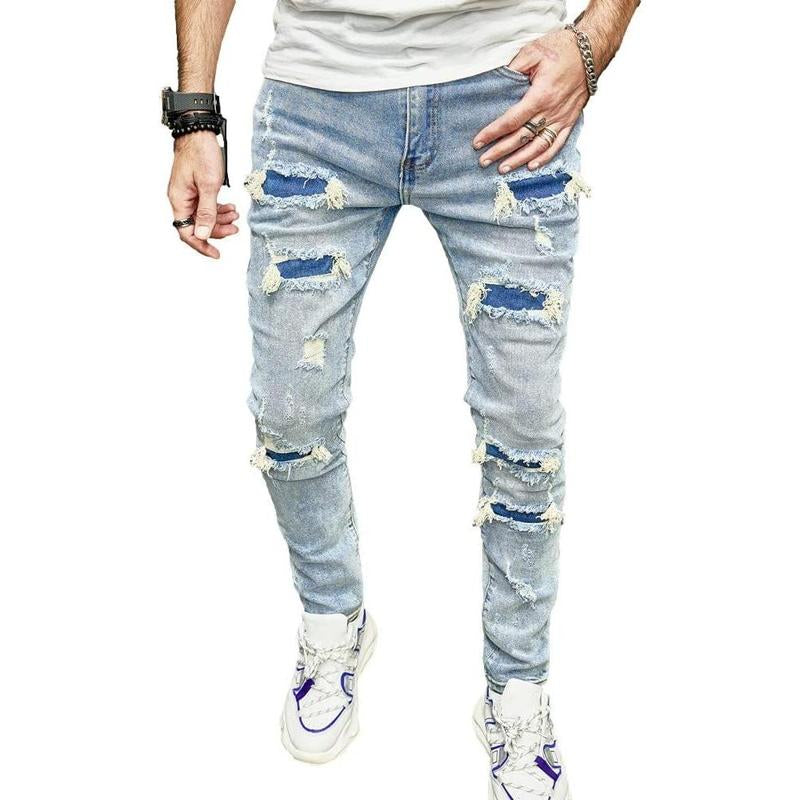 SRETOUU Men'S Slim Fit Stretch Jeans Ripped Skinny Jeans for Men, Distressed Straight Leg Streetwear Comfort Male Pants Menswear Underwear Trouser Human Denim Beige Pocket Plain Motocross