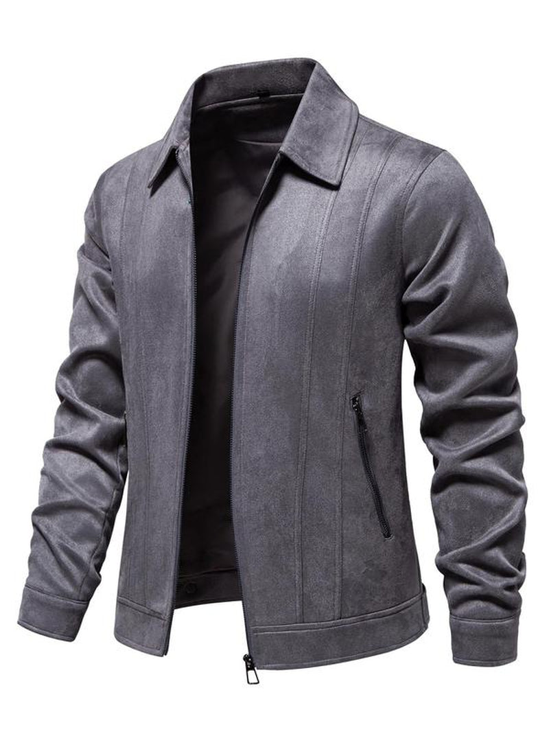 Men'S Solid Pocket Zipper Suede Jacket, Regular Fit Casual Long Sleeve Collared Outerwear for Fall & Winter, Coat, Men'S Clothes for Daily Wear Tops, Jackets for Men, Men'S Clothing