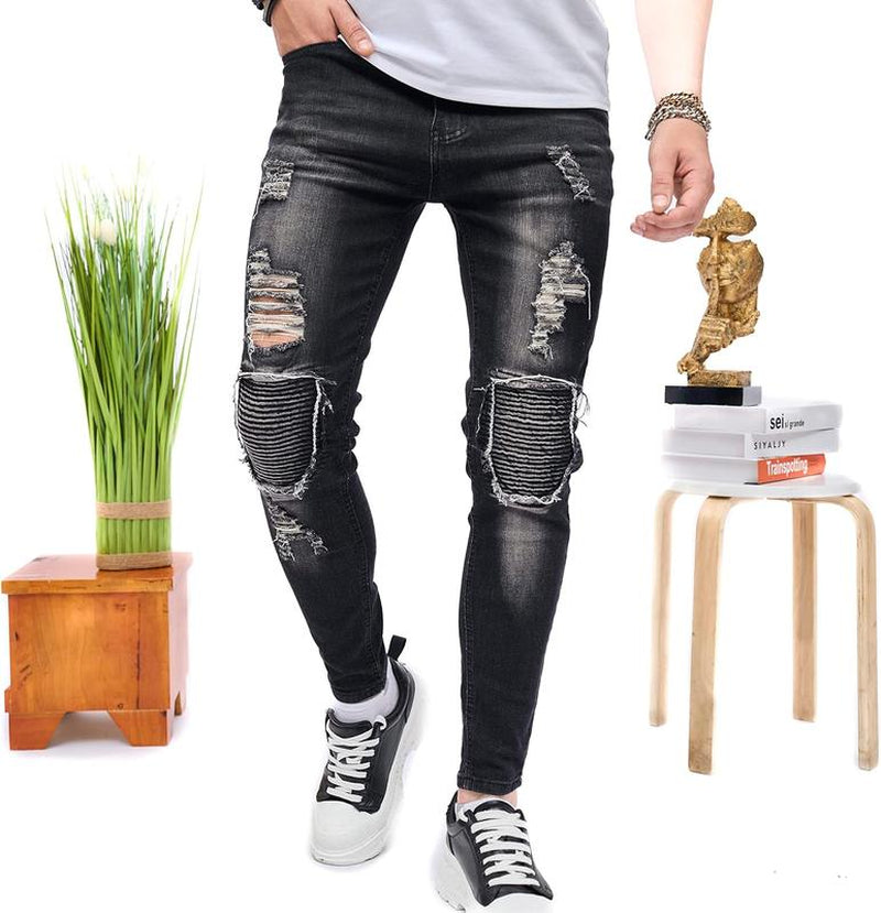 SRETOUU Men'S Slim Fit Stretch Jeans Ripped Skinny Jeans for Men, Distressed Straight Leg Streetwear Comfort Male Pants Menswear Underwear Trouser Human Denim Beige Pocket Plain Motocross