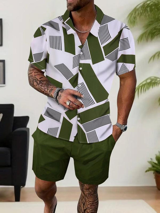 Men'S Geometric Print Shirt & Shorts Two-Piece Set, Regular Fit Shortsleeve Collared Top & Shorts, Men'S Summer Clothes for Beach Vacation, Clothes, Tropical Menswear, Summer Outfit Set, Summer Clothing Set, Casual Fashion Set, Casual Lounge Set
