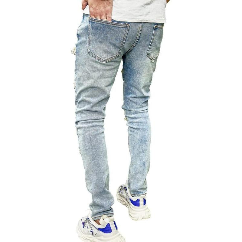 SRETOUU Men'S Slim Fit Stretch Jeans Ripped Skinny Jeans for Men, Distressed Straight Leg Streetwear Comfort Male Pants Menswear Underwear Trouser Human Denim Beige Pocket Plain Motocross
