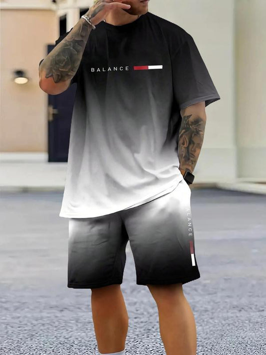 Men'S Ombre Print Short Sleeve Tee & Shorts Two-Piece Set, Regular Fit Casual round Neck T-Shirt & Track Shorts, Summer Outfits Clothes Set for Men, Sets for Men Clothing, Shortsleeve