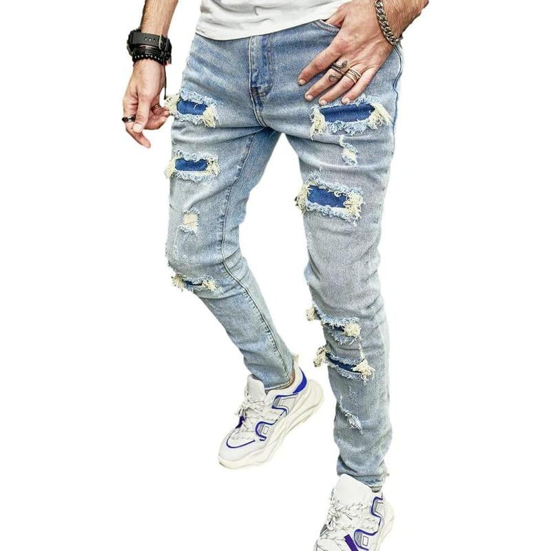 SRETOUU Men'S Slim Fit Stretch Jeans Ripped Skinny Jeans for Men, Distressed Straight Leg Streetwear Comfort Male Pants Menswear Underwear Trouser Human Denim Beige Pocket Plain Motocross