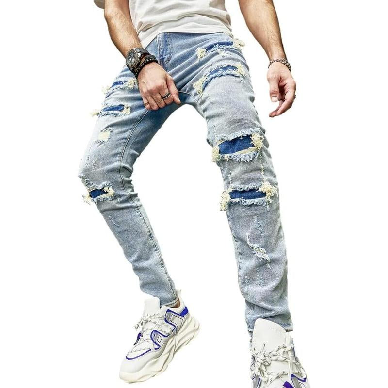 SRETOUU Men'S Slim Fit Stretch Jeans Ripped Skinny Jeans for Men, Distressed Straight Leg Streetwear Comfort Male Pants Menswear Underwear Trouser Human Denim Beige Pocket Plain Motocross