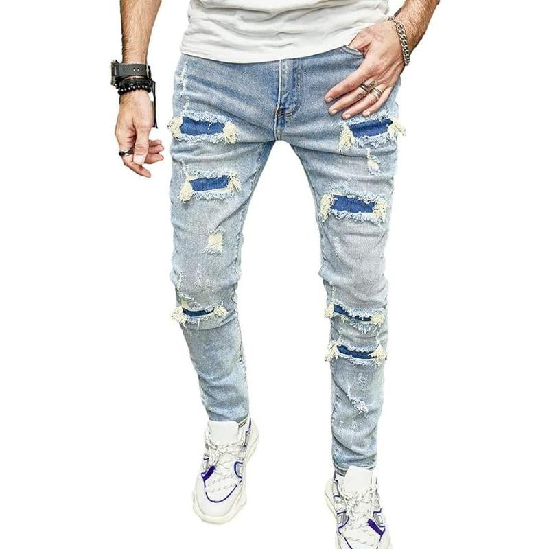 SRETOUU Men'S Slim Fit Stretch Jeans Ripped Skinny Jeans for Men, Distressed Straight Leg Streetwear Comfort Male Pants Menswear Underwear Trouser Human Denim Beige Pocket Plain Motocross