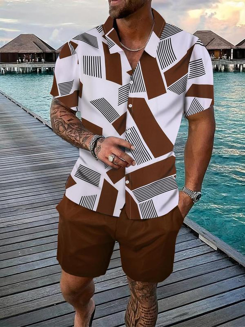Men'S Geometric Print Shirt & Shorts Two-Piece Set, Regular Fit Shortsleeve Collared Top & Shorts, Men'S Summer Clothes for Beach Vacation, Clothes, Tropical Menswear, Summer Outfit Set, Summer Clothing Set, Casual Fashion Set, Casual Lounge Set
