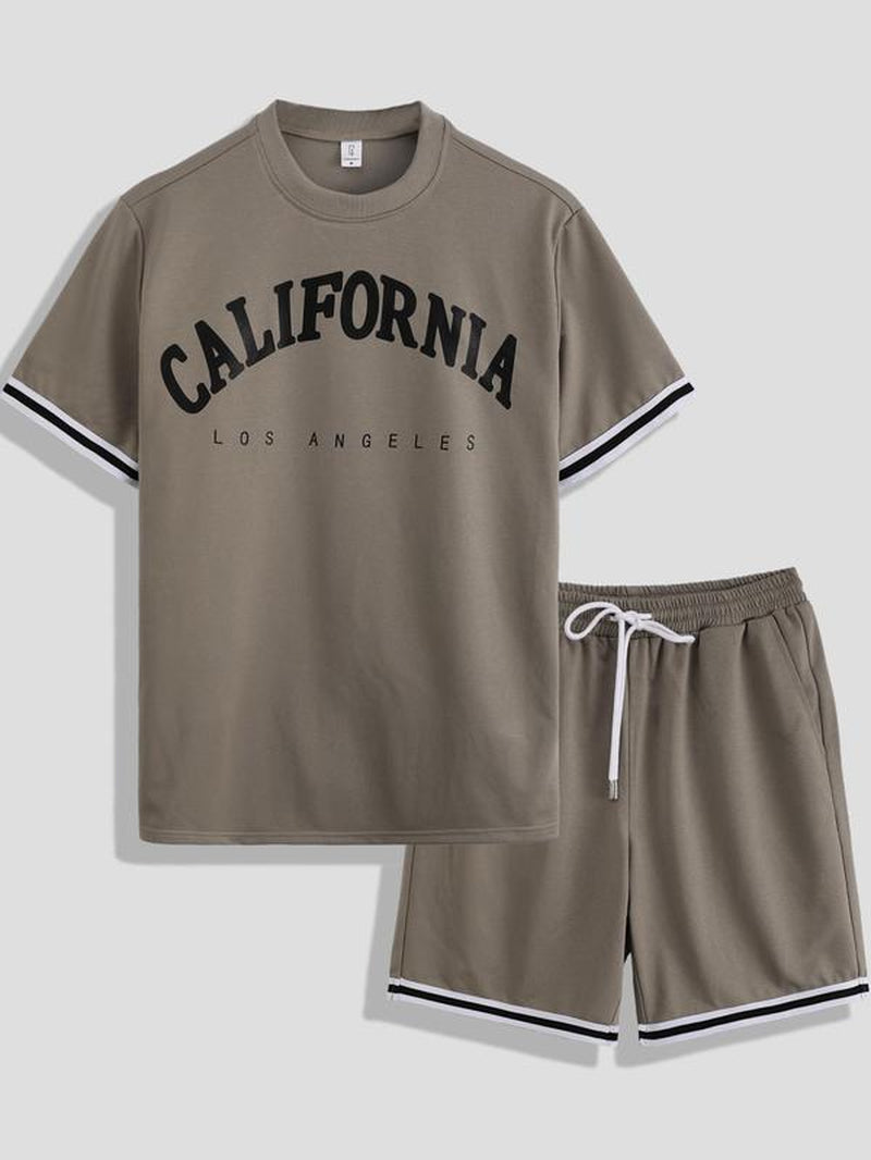 Two-Piece Set Men'S Contrast Binding Tee & Drawstring Waist Shorts Set, Quality and Comfort Casual Short Sleeve round Neck T-Shirt & Pocket Track Shorts, Summer Outfits Clothes Set for Men