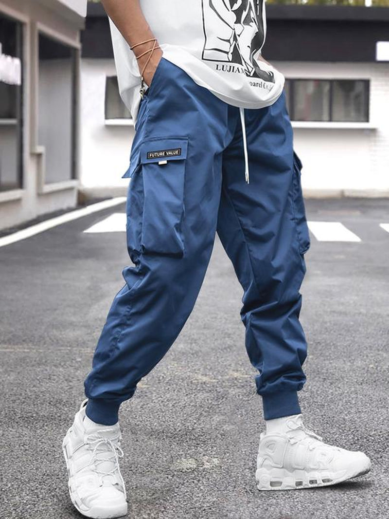 Unisex Patched Flap Pocket Drawstring Waist Cargo Pants, Street Fashion Plain Casual Regular Fit Jogger Trouser for Men Women, Pants for Men, Men Bottoms, Work Trousers, Menswear