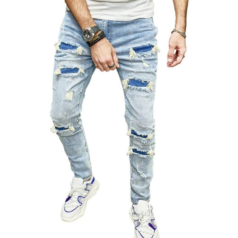 SRETOUU Men'S Slim Fit Stretch Jeans Ripped Skinny Jeans for Men, Distressed Straight Leg Streetwear Comfort Male Pants Menswear Underwear Trouser Human Denim Beige Pocket Plain Motocross